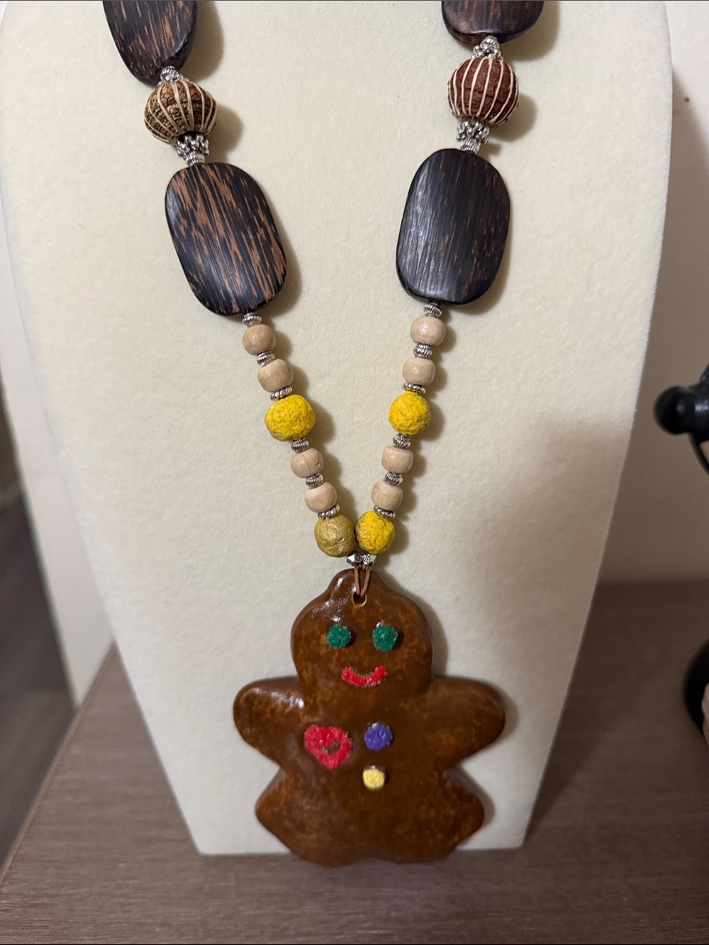 Hand Crafted Brown ceramic Gingerbread Pendant Necklace with woodeYellow Accents